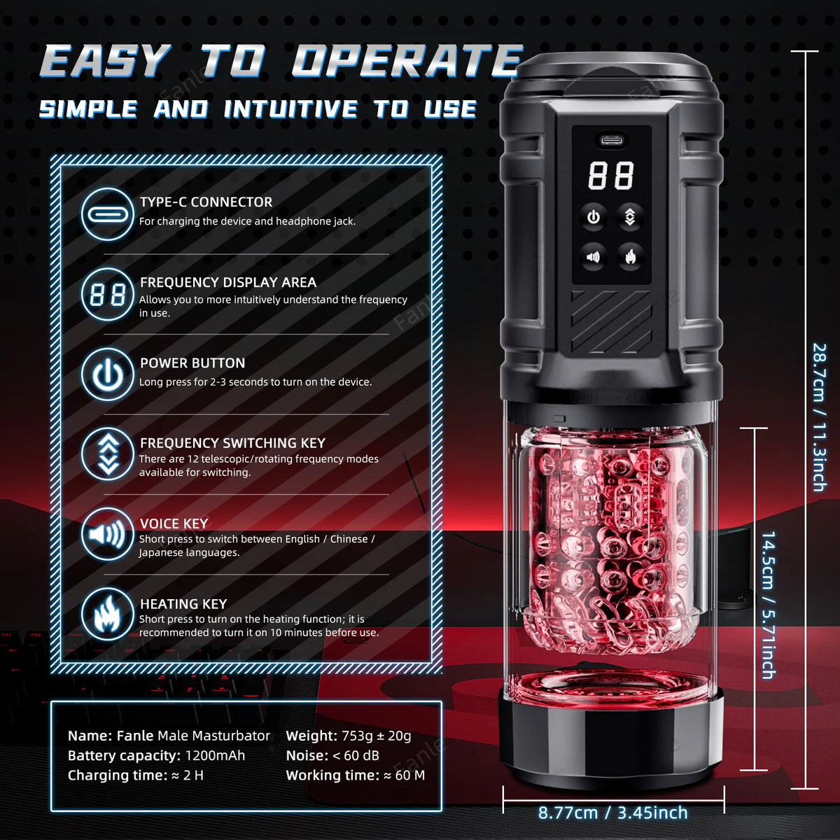 Heated Telescopic Pocket Pussy – Male Masturbator Stroker Cup with LED Display