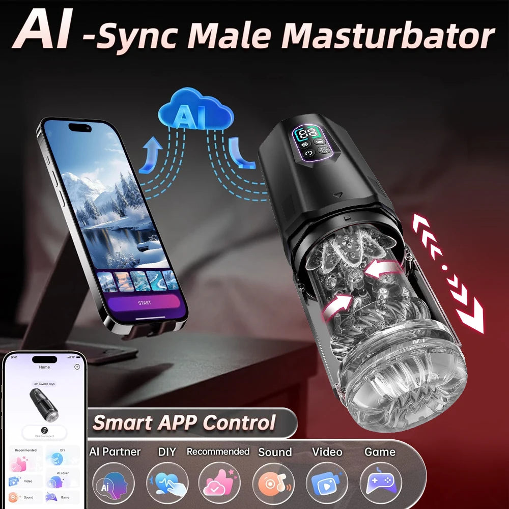 AI-Sync Automatic Thrusting Male Masturbator – 360° Rotating Stroker Cup with App Control